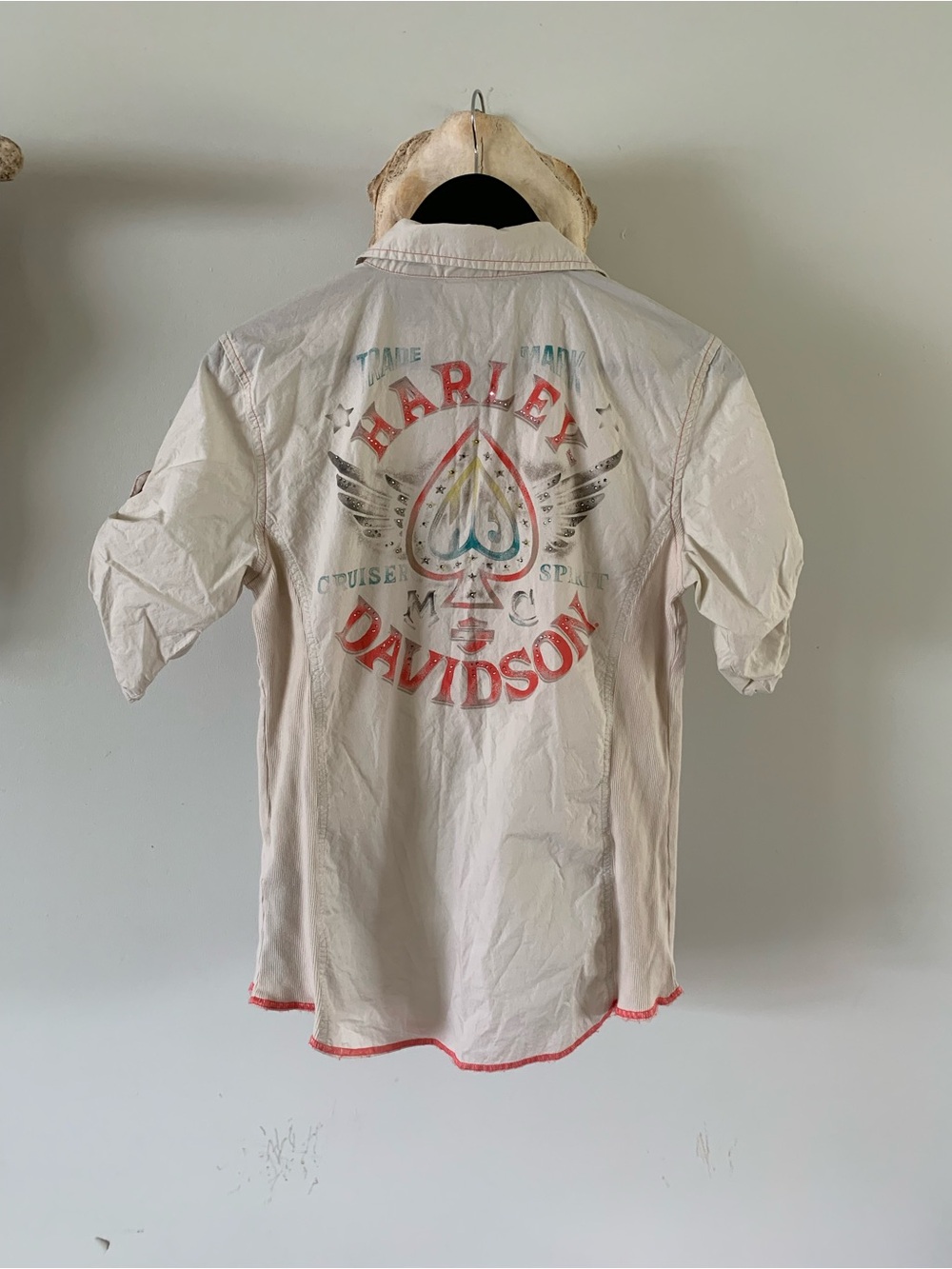 Harley-Davidson White Button-Up Shirt with Red Stitching